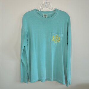 Aqua Long Sleeve Monogrammed Shirt, Size Medium